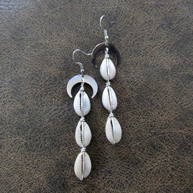 Long cowrie shell earrings, silver 