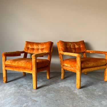 70's Milo Baughman Parsons - Style Upholstered Arm Lounge Chairs - a Pair 