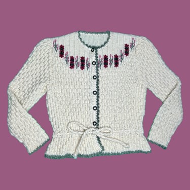 Darling 1940s Handknit Cardigan Sweater With Embroidery Puffed Sleeves 40 to 44 Bust Vintage 