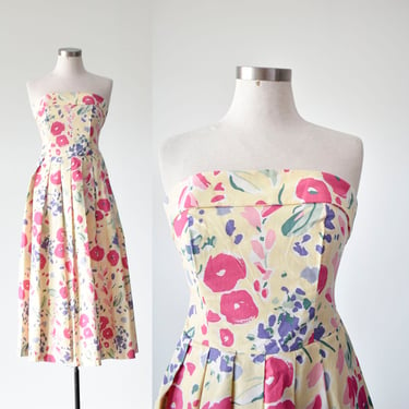 Vintage 1980s Dress / Vintage Garden Dress / Garden Party Dress / Cotton Floral Sleeveless Dress / Vintage 80s Laura Ashley Party Dress 