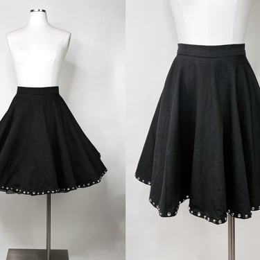1980s Black Denim Circle Skirt w Studded Bottom Handmade 32