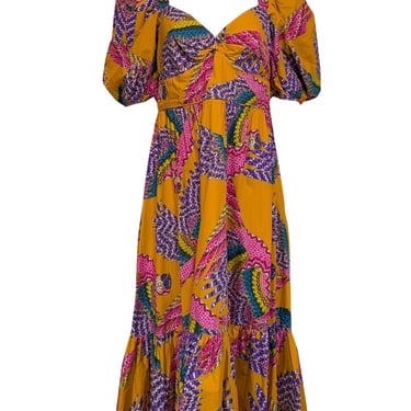 Farm - Orange w/ Multicolor Macaw Print Poplin Midi Dress Sz L