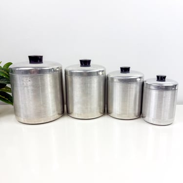Vintage Spun Aluminum Canister Set of 4 Flour, Sugar, Coffee, and Tea, Retro Kitchen Storage Set, Grandmas MCM Kitchen, Retro Storage 