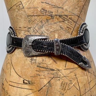 Vintage 1990s Streets Ahead Handcrafted Black Leather Statement Belt, Silver Studded Western Style, 26 to 30