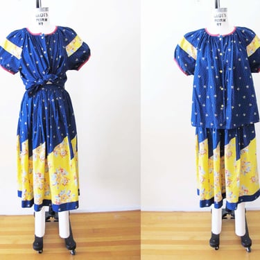 Vintage Anastasia Paris 2 Piece Peasant Blouse Skirt Set S - 80s Blue Yellow Cotton Bohemian Co Ord Cottagecore Matching Outfit 