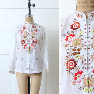 vintage 1970s embroidered Chinese blouse • peach & pink floral embroidery long sleeve white blouse 