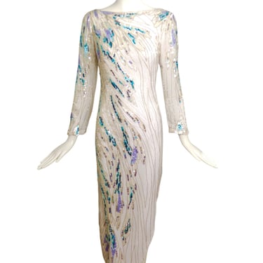 BOB MACKIE- 1970s White Beaded Chiffon Evening Gown, Size-4