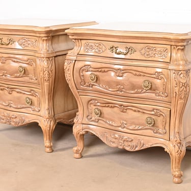Grosfeld House Style French Provincial Louis XV Carved Bleached Walnut Bedside Chests, Pair