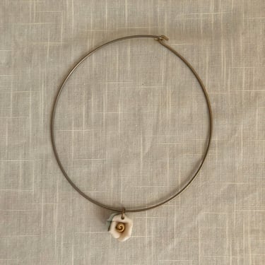 Wire Circle Choker with Ceramic Rose Pendant - 1970s 