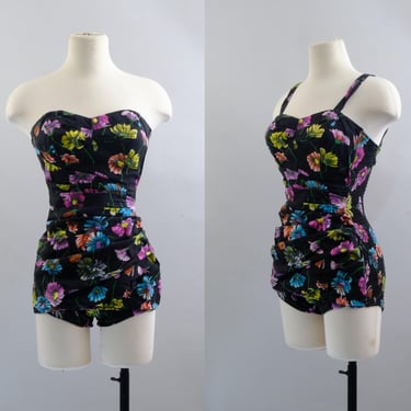 1950s Bombshell Pin Up Swimsuit – Size 12 / 34 - XS/S - Black Cotton Floral One Piece – Smocked Back – Metal Zipper - Originals by Par Form 