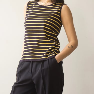 1990s Misook Navy and Yellow Striped Knit Vest 