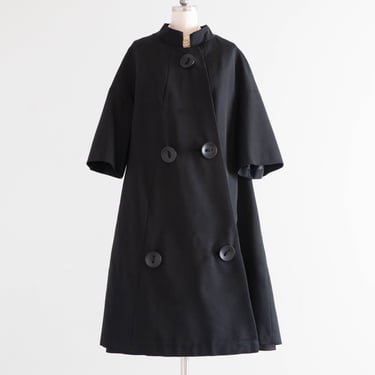 Fabulous 1950's Trapeze Silhouette Black Faille Evening Coat With Saucer Buttons / M