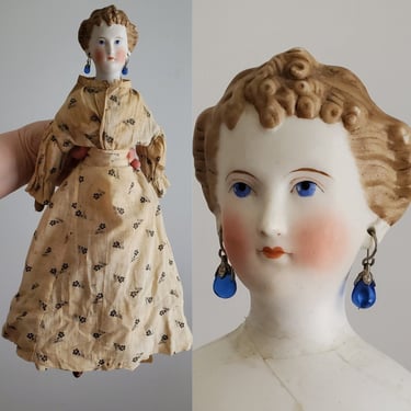 Antique Parian Doll with Ornate Blonde Hairstyle and Pierced