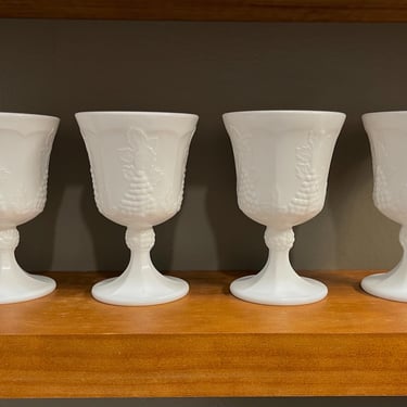 White Glass Goblets With Embossed Grape Pattern 