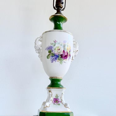 Vintage Worral Table Lamp Jenny Worrall 1940s Shabby Chic Green Floral Victorian England Hand Painted Flowers Gold Edging Vintage Lighting 