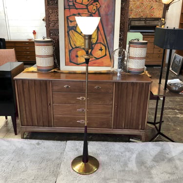 Antique Brass &amp; Black Floor Lamp with Textured Milk Glass Shade
