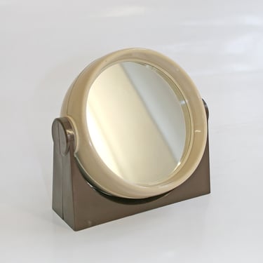 Round Vintage Taupe Beige Chocolate Brown Tabletop Vanity Mirror Magnifying Mid Century Modern Retro Bedroom Accent Revolving Make Up Desk 