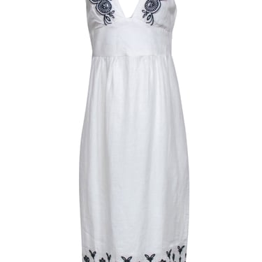 J.Crew Collection - White Linen Midi Dress w/ Navy Embroidery &amp; V-Neckline Sz 2
