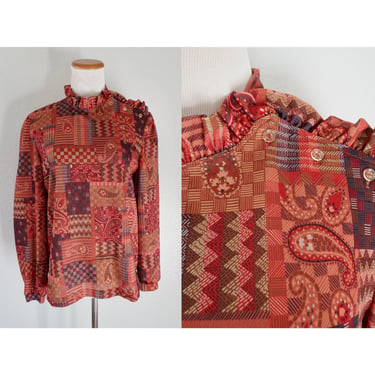 70s Paisley Print Blouse Vintage Hippie Boho Ruffled Collar Long Sleeve Top 1970s Bohemian Burnt Orange Size Small S 