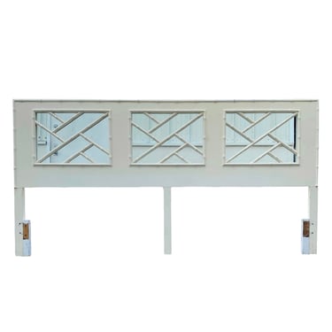 Unique Fretwork King Headboard with Mirrored Back - Vintage White Faux Bamboo Hollywood Regency Palm Beach Bedroom Furniture 