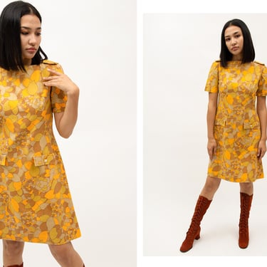 Vintage 1960s 60s Citrus Yellow Mod Knee Length Capped Sleeves Epaulette Shoulder Dress Mini 