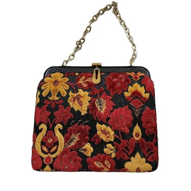 Vintage 60s Tapestry Weave Bag Burgundy Red Yellow Floral Brocade 
