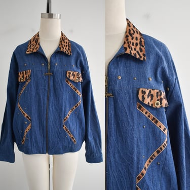 1990s Denim and Leopard Print Jacket 