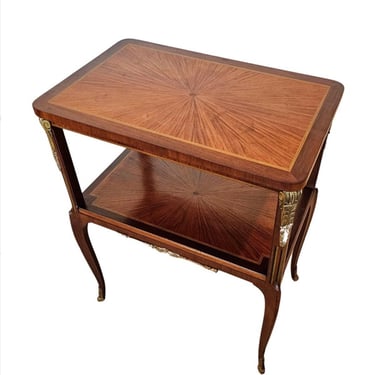 1920s French Louis XV XVI Transitional Style Sunburst Parquetry Tiered Tea Table - Cocktail Drinks Bar Cart 