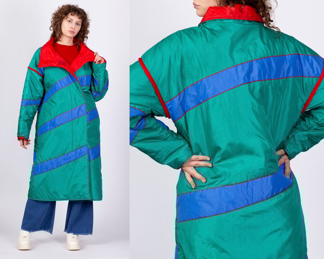 80s 90s Color Block Long Puffer Winter Coat - Large