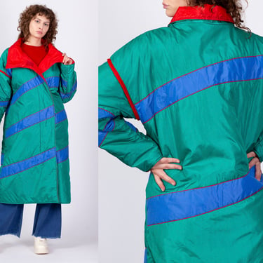 80s 90s Color Block Long Puffer Winter Coat - Large | Vintage Teal Green Striped Puffy Ski Jacket 