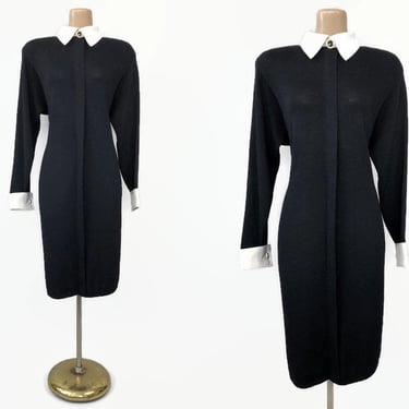 VINTAGE 90s Y2K St. John Knit Black Dress with White Collar and Cuffs Size 12 | 1990s 2000s Gothic Wednesday Addams Sweater Dress | VFG 