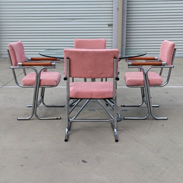 Set of Four Vintage Dining Chairs | Tubular | Jerry Johnson Style | Chrome | Mid Century | 1970s | Pink | Wood Accents 