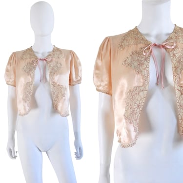 1930s Peach Silk Satin & Lace Puff Sleeve Bed Jacket - 1930s Satin Lingerie - 1930s Satin Bed Jacket - 1930s Wedding Trousseau | Size Small 