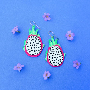 Juicy Dragonfruit Earrings - Reclaimed Leather Statement Fruit Earrings 