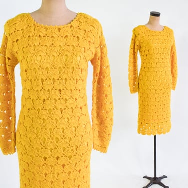 1960s Golden Yellow Crochet Dress | 60s Mod Gold Knit Sweater Dress | Twiggy | Medium 