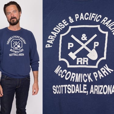 L| 80s Paradise And Pacific Railroad Sweatshirt - Men's Large Short | Vintage Scottsdale Arizona Navy Blue Raglan Sleeve Crewneck 