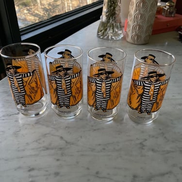 4 Hamburglar Glass Set Vintage 1970s McDONALDs Drinking Barware Glasses Tumblers Mid-Century Restaurant Set 4 