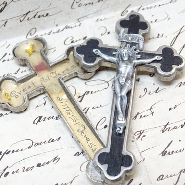 Antique German Crucifix Reliquary with Relics in Metal Cross Pendant, Great Saint Teresa & Little Saint Teresa , Vintage Religious Germany 