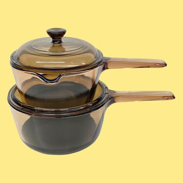 Vintage Vision Pots With Lids Retro 1980s Contemporary + Amber Brown + Glass + 4 Pieces + Teflon Bottom + Cookware + Kitchen + Cook Stovetop 