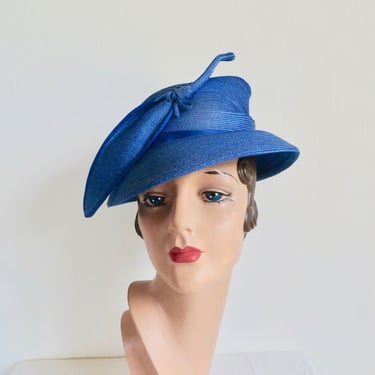 Vintage 1940's 50's Blue Straw Downturned Brimmed Hat Leaf Shape Trim Formal Rockabilly Spring Summer 40's Millinery Size Medium 