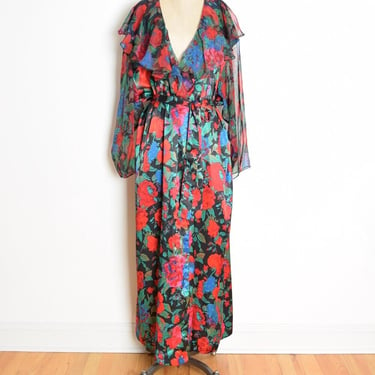 vintage 90s robe jewel tone satin ruffle bed jacket duster peignoir XL XXL clothing 