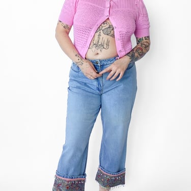 Y2K Light-wash Beaded Fringe Bottom Capri Jeans, sz. 1XL