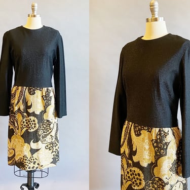 1960s Metallic Dress / Leslie Fay Dress / 1960s Black And Gold Dress / Gold Lamé Dress /Size Medium Size  Large 