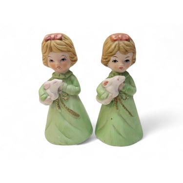 1970s Vintage Merri-Bells, Twins Little Girl & Bunny Bell Figurines, Handcrafted Bisque Porcelain, Decorative Collectible Home Decor 