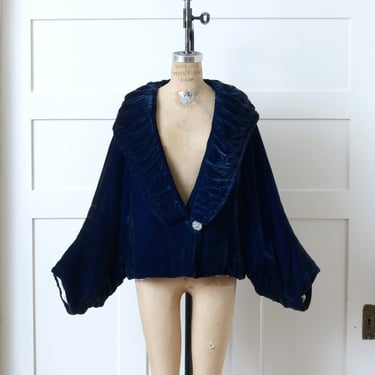 vintage 1920s ~ 1930s dark blue velvet jacket • draped lush dramatic sleeves & collar formal evening jacket 