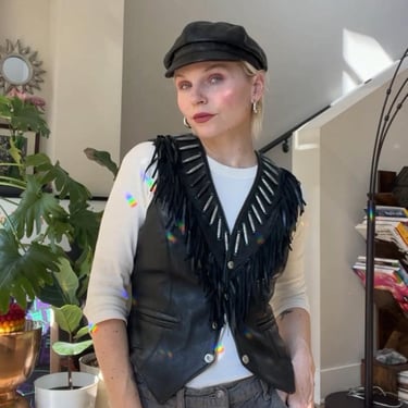 VTG 90s Black Leather Fringe Moto Vest 