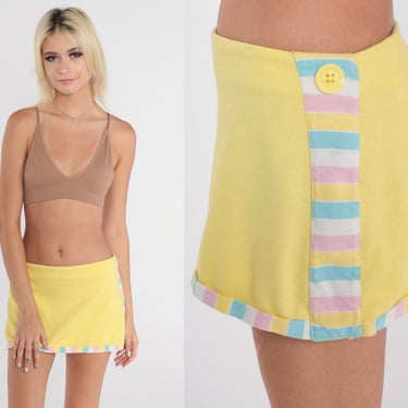 Micro Mini Skirt 80s Yellow Low Rise Skirt Pastel Pink Blue White Striped Miniskirt Retro Summer Pool Party Festival Vintage 1980s Small S 