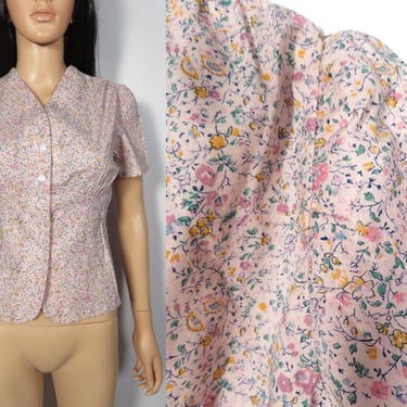 Vintage 70s Does 30s Pastel Pink Ditsy Floral Print Blouse Size S or Kids 14 