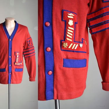 Red & Blue 1970s Varsity Cardigan Sweater / Vintage High School Cardigan / Drama Club L Letterman Varsity Cardigan Sweater 