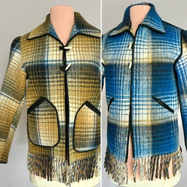 Warm Wool Jacket Shacket, Reversible Plaid, Fringe, Pockets, Vintage 